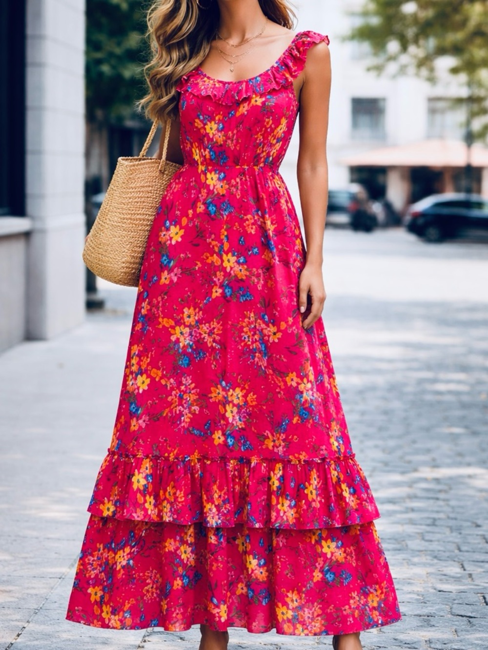 Old Navy Pink Floral Maxi Dress Ruffle Tiered Boho Summer Dress Size S